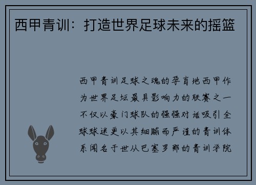 西甲青训：打造世界足球未来的摇篮