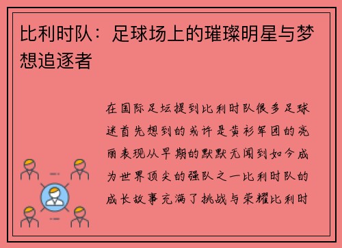 比利时队：足球场上的璀璨明星与梦想追逐者
