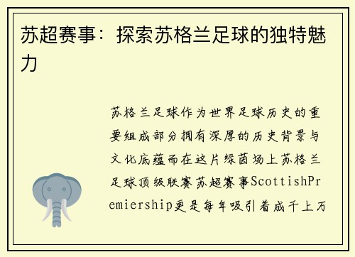 苏超赛事：探索苏格兰足球的独特魅力