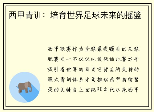 西甲青训：培育世界足球未来的摇篮
