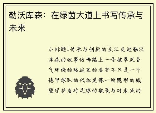 勒沃库森：在绿茵大道上书写传承与未来