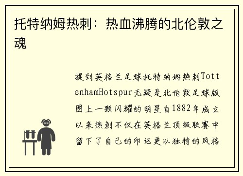 托特纳姆热刺：热血沸腾的北伦敦之魂