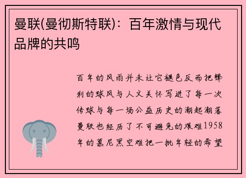 曼联(曼彻斯特联)：百年激情与现代品牌的共鸣